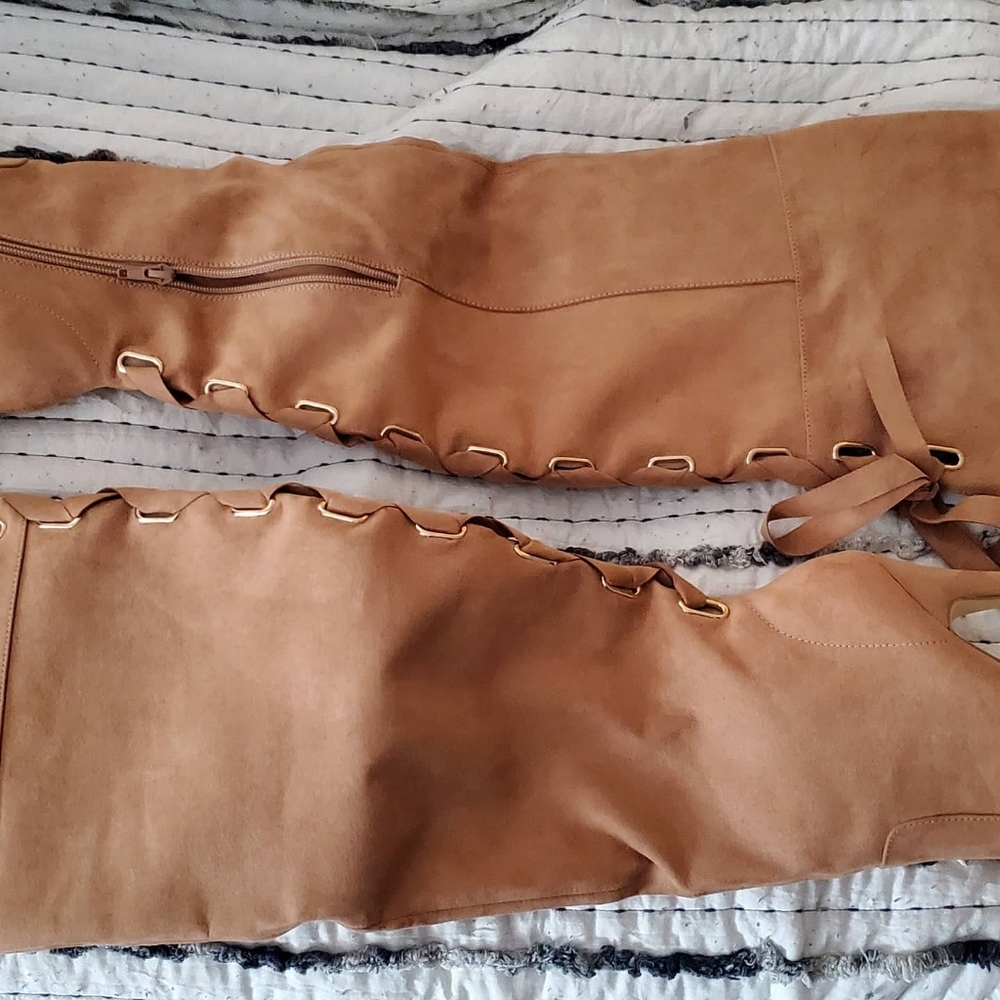 Shoe dazzle over the thigh tan corset laced high heel boots